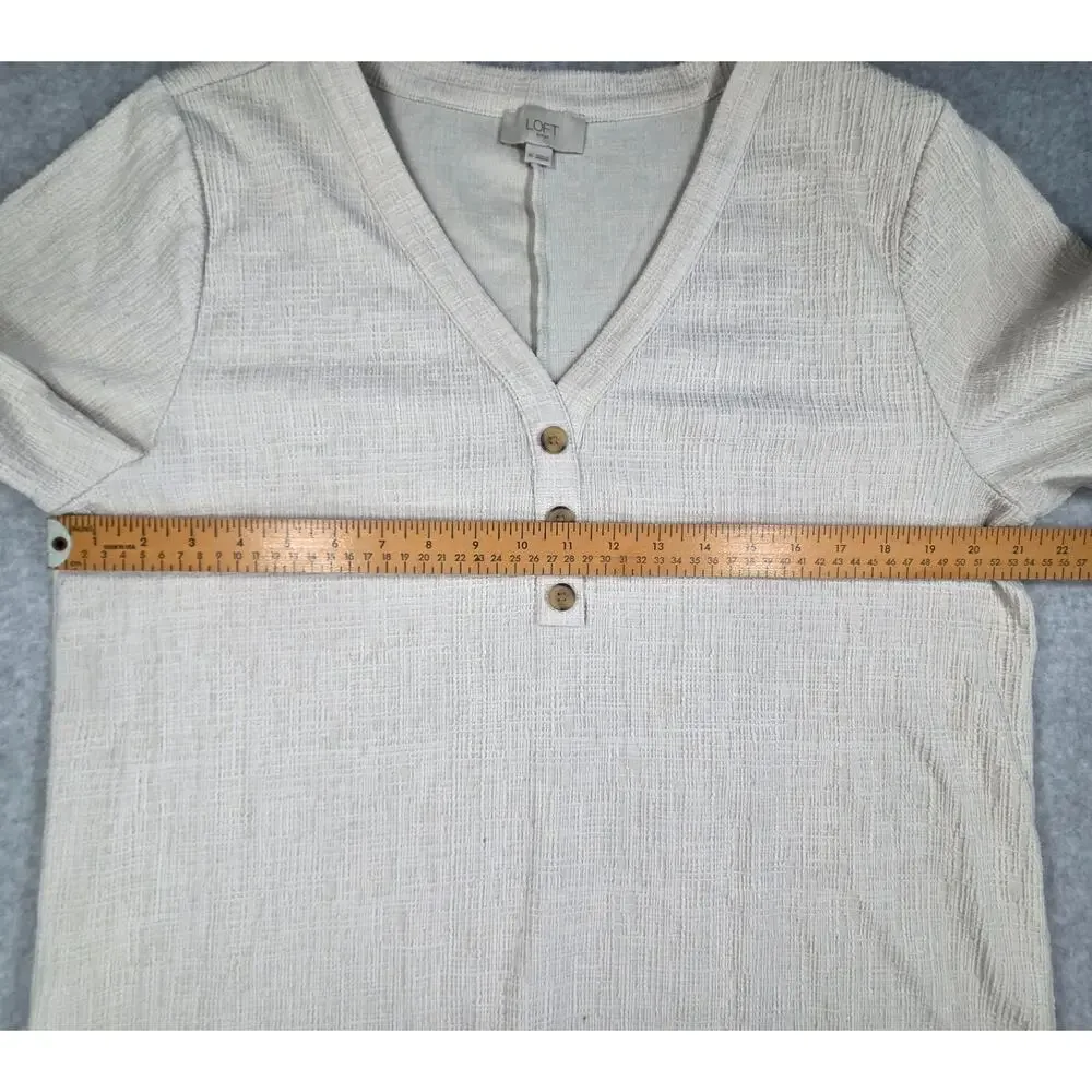 LOFT Outlet Henley Blouse Oatmeal Heather Puff Sleeve V-Neck XL Extra Large